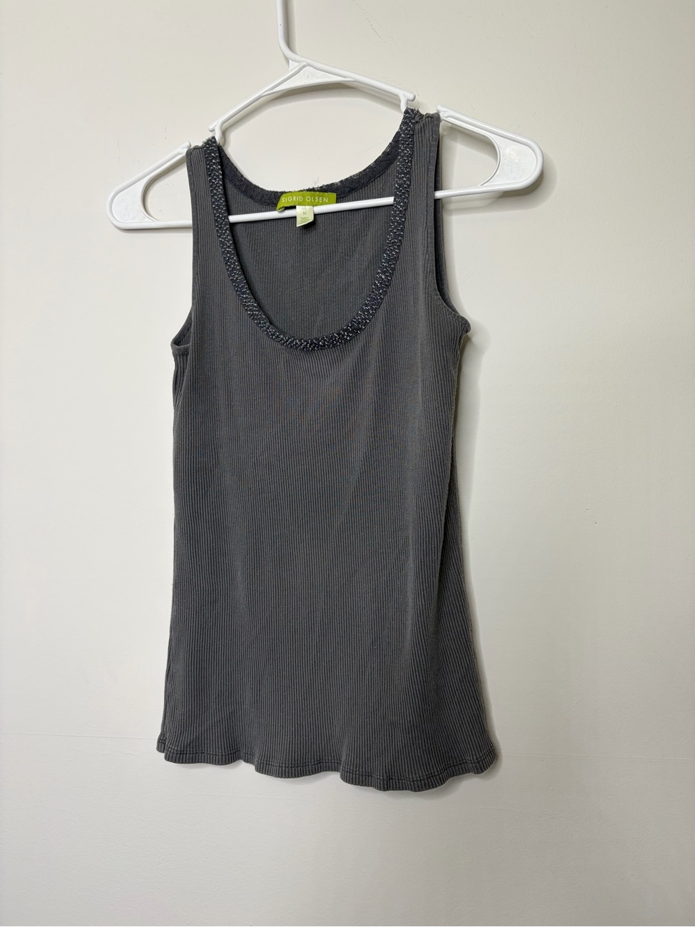 Y2k vintage Gray Ribbed Tank with Beaded Neckline